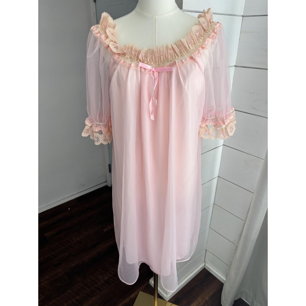 Vintage Union Chemise Gown Womens Small Pink Lace Chiffon Peignoir Lingerie